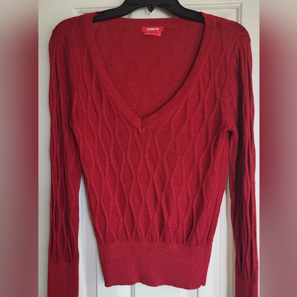 Dorothee Bis Metallic Deep Red Cable Stitch Sweater